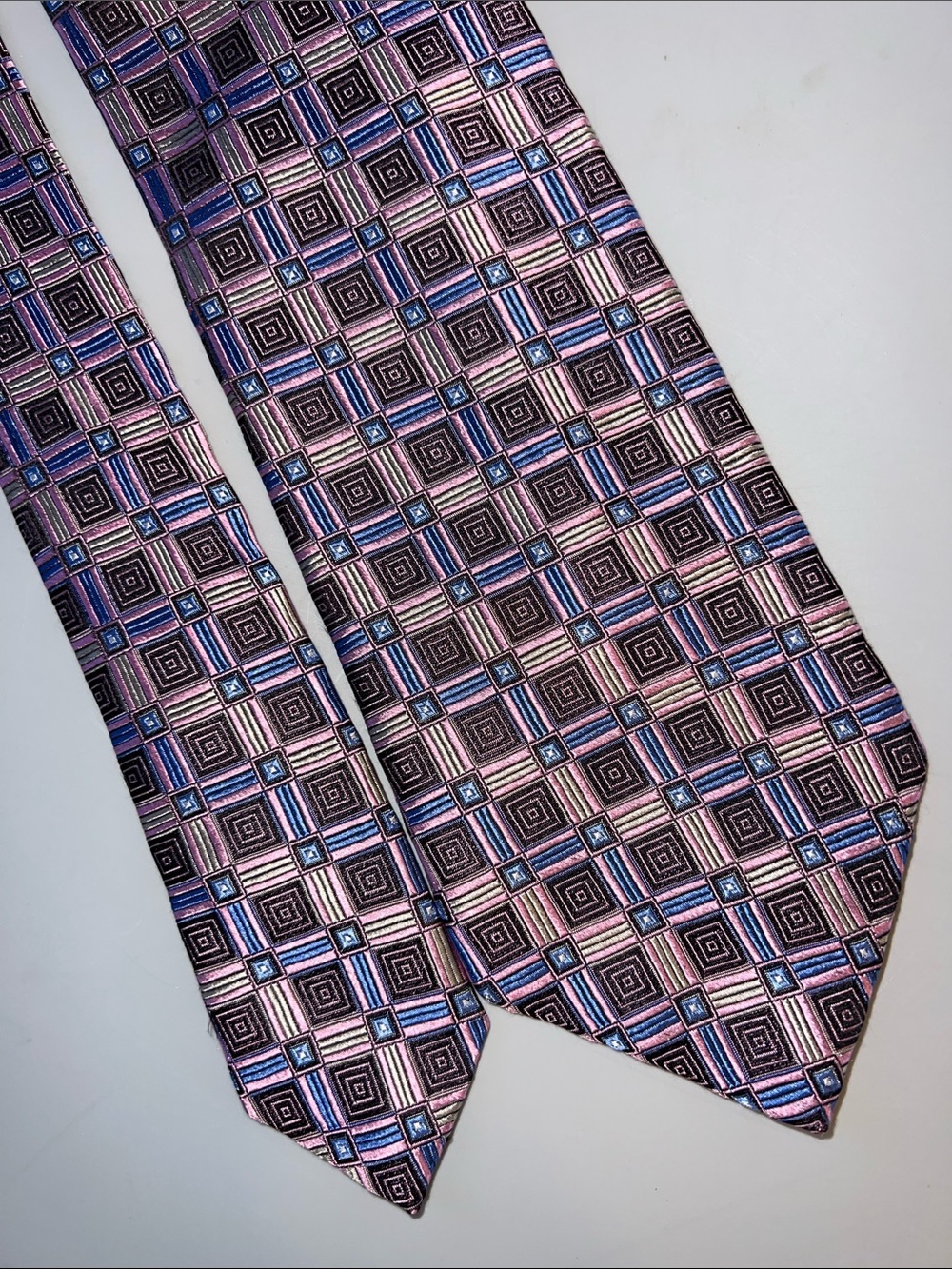 J Z Richard’sClassic Geometric Pink & Blue Men's Silk Tie 60+ Extra Long